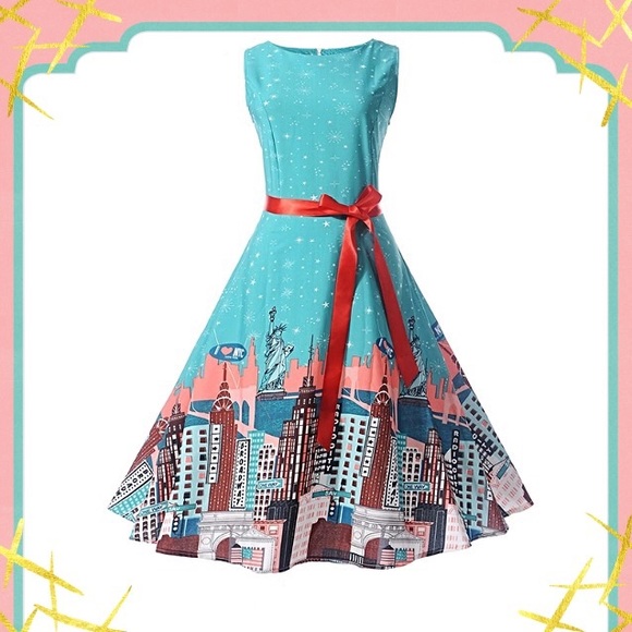 Mittelmeer Dresses & Skirts - Retro Unique New York City Print Fit Flare A-line Midi Party Sleeveless Dress